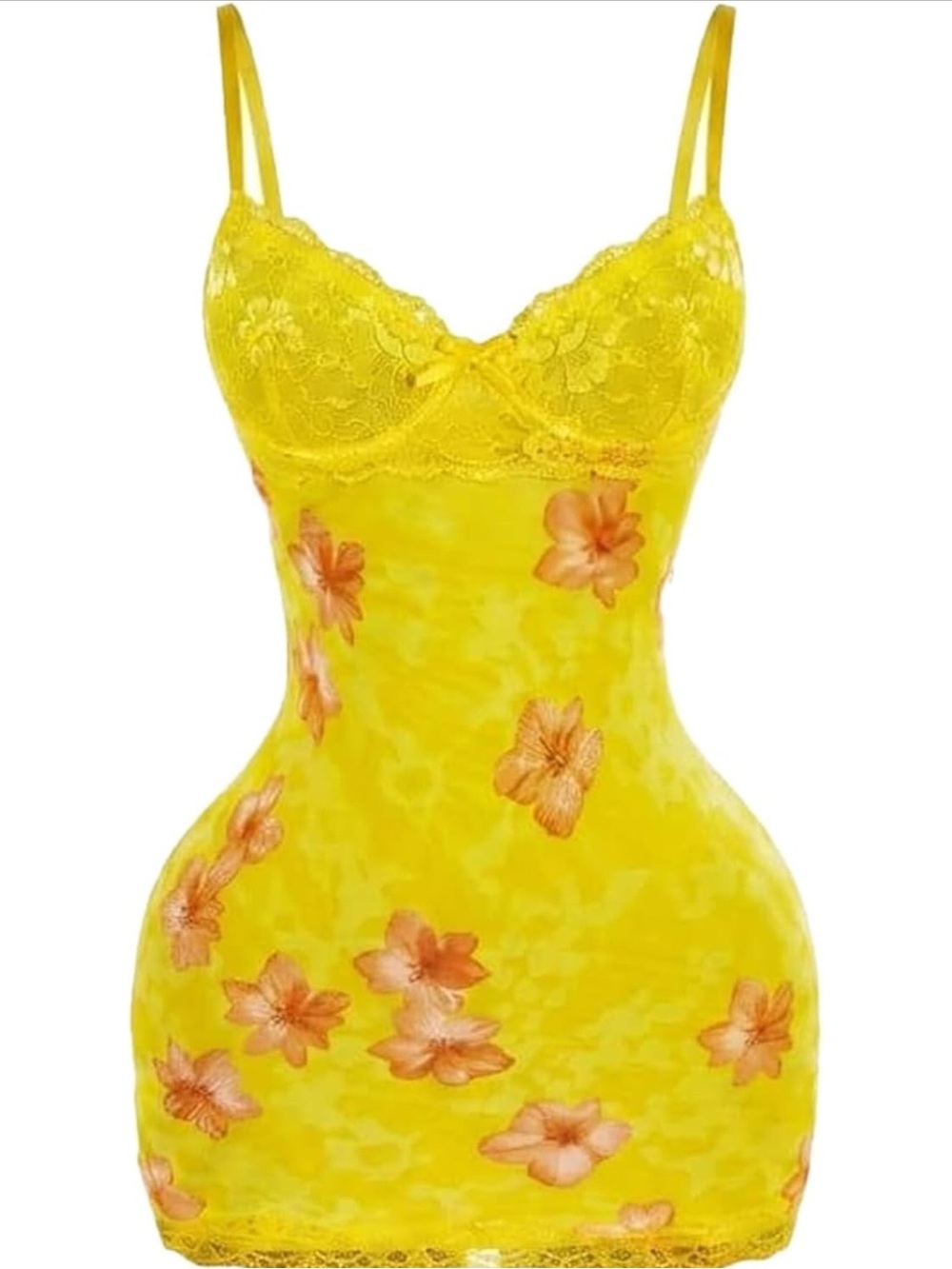 Yellow Floral Lace Slip Dress with Adjustable Straps